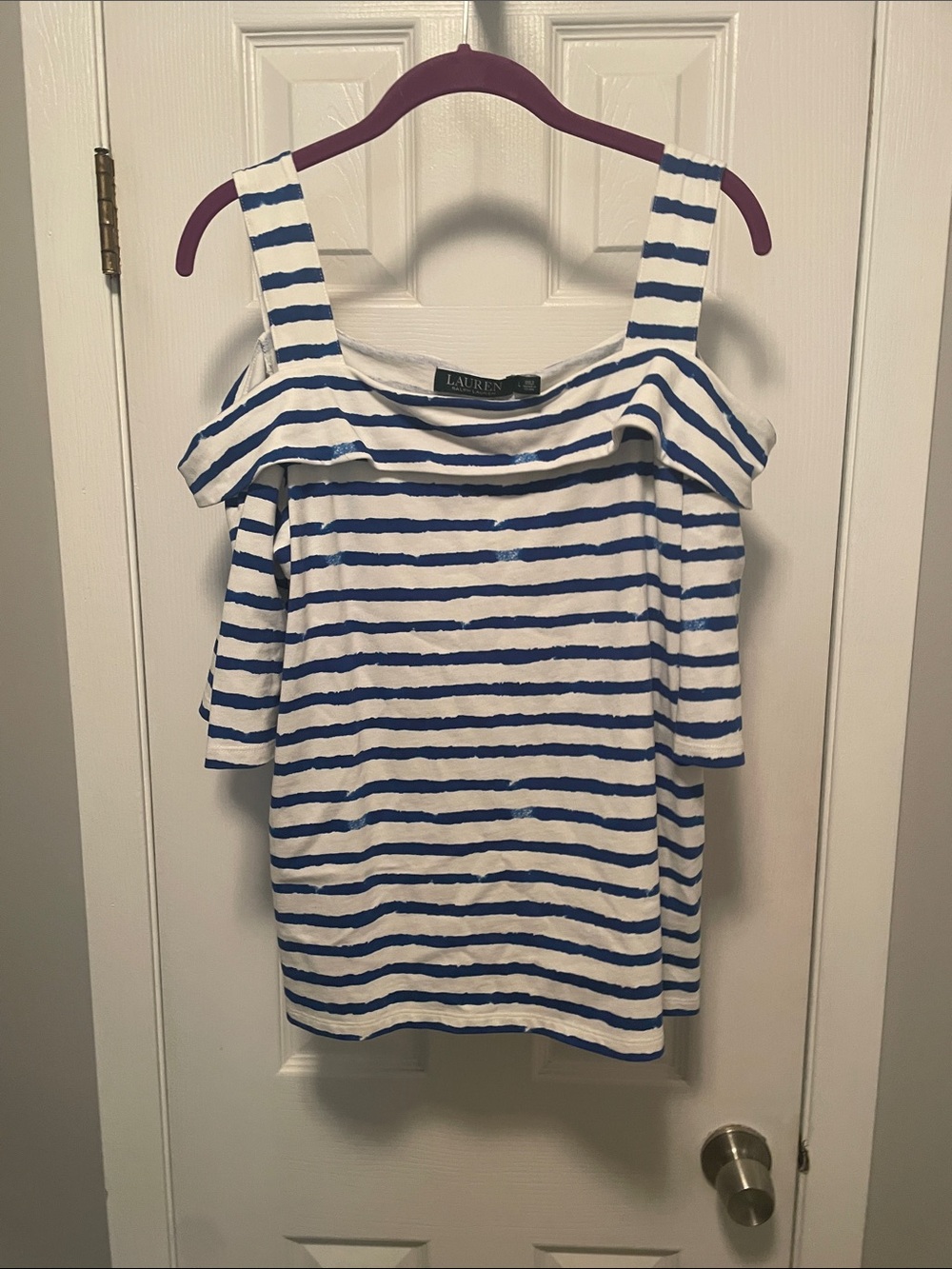 Lauren Ralph Lauren White and Blue Striped Cold-Shoulder Crop Top